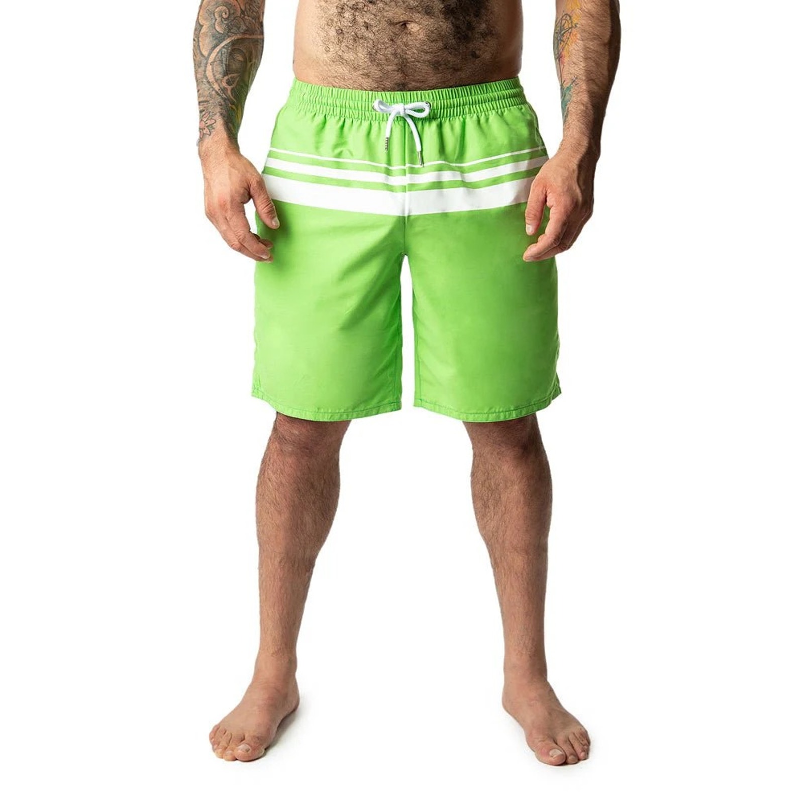 Nasty Pig Men’s Swim Boardshorts Medium "Reveal" Neon Grn Wht Stripe Pool Gear